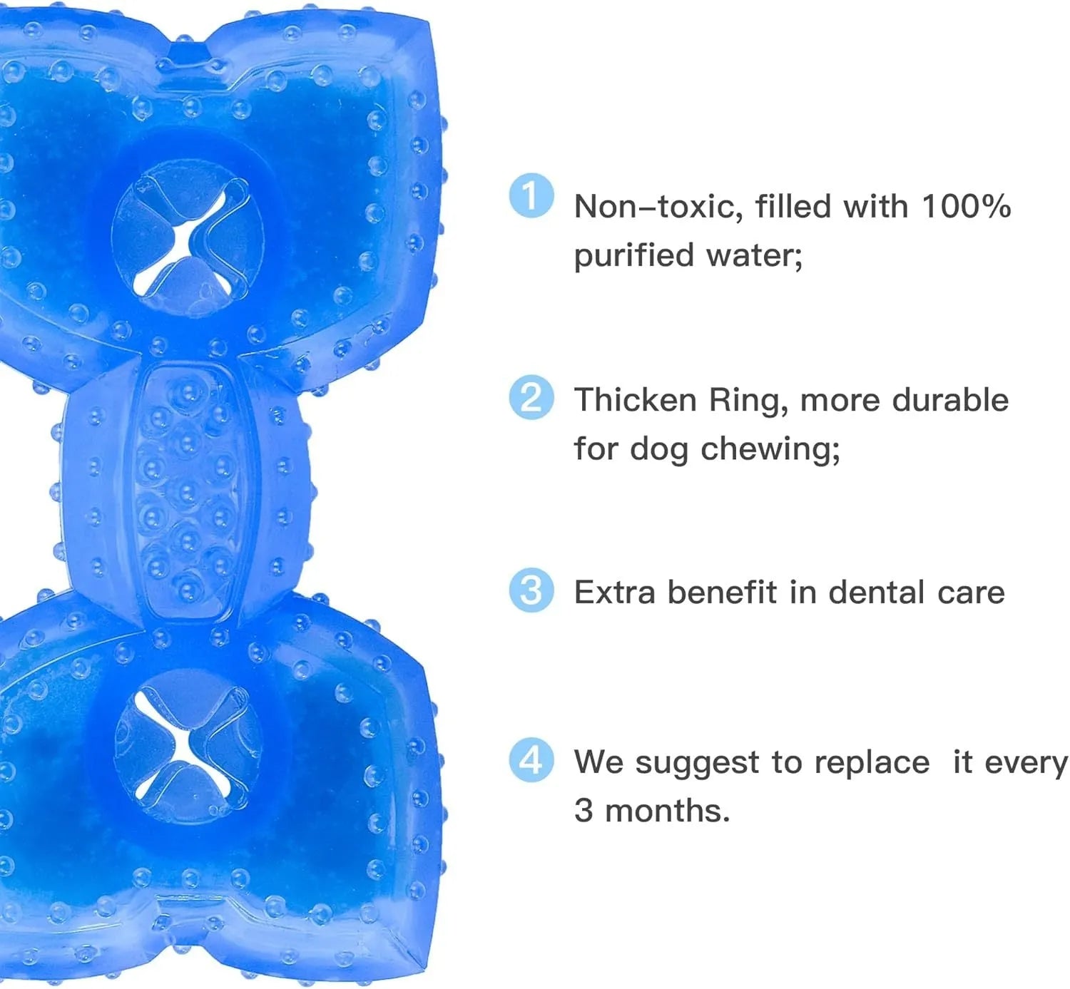 A freezable bone-shaped dog chew toy with a treat cavity, shown alongside a circle-shaped variant.