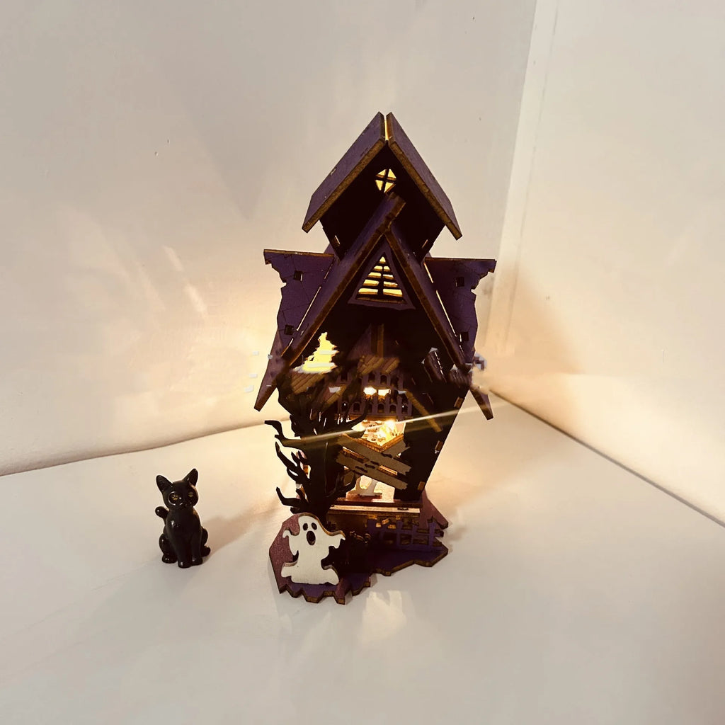 Unlit wooden DIY haunted house decoration measuring 14x10.5x19cm for Halloween table display