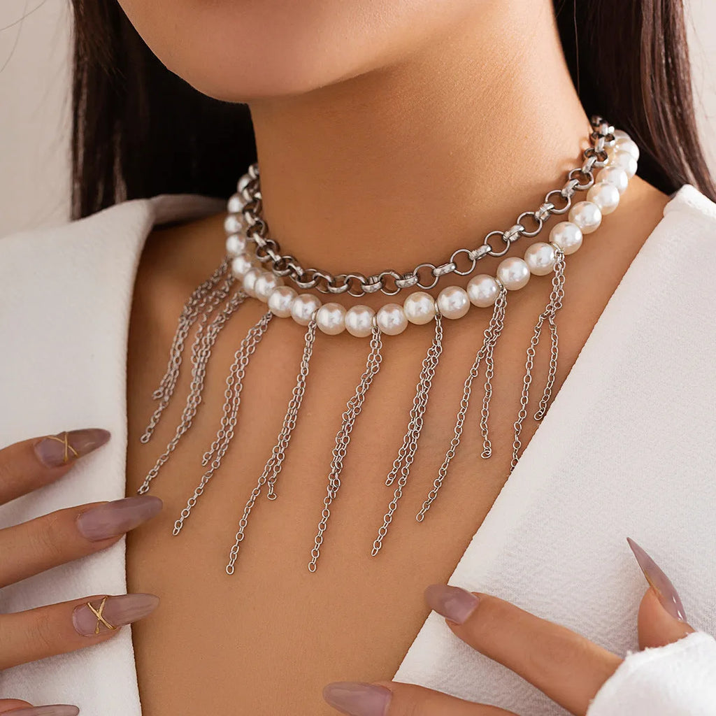 Double-layer imitation pearl tassel necklace with iron pendant and ball bead chain in white K colour