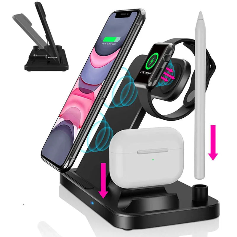 Folding 4-in-1 wireless charger showing iPhone, Apple Watch, and AirPods charging simultaneously in vertical stand orientation