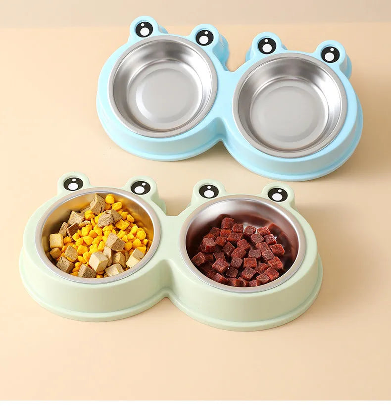 Stainless steel pet bowl with double compartments and frog pattern design for dogs and cats