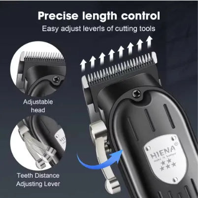 Black professional USB hair clippers with LED display and adjustable length settings.
