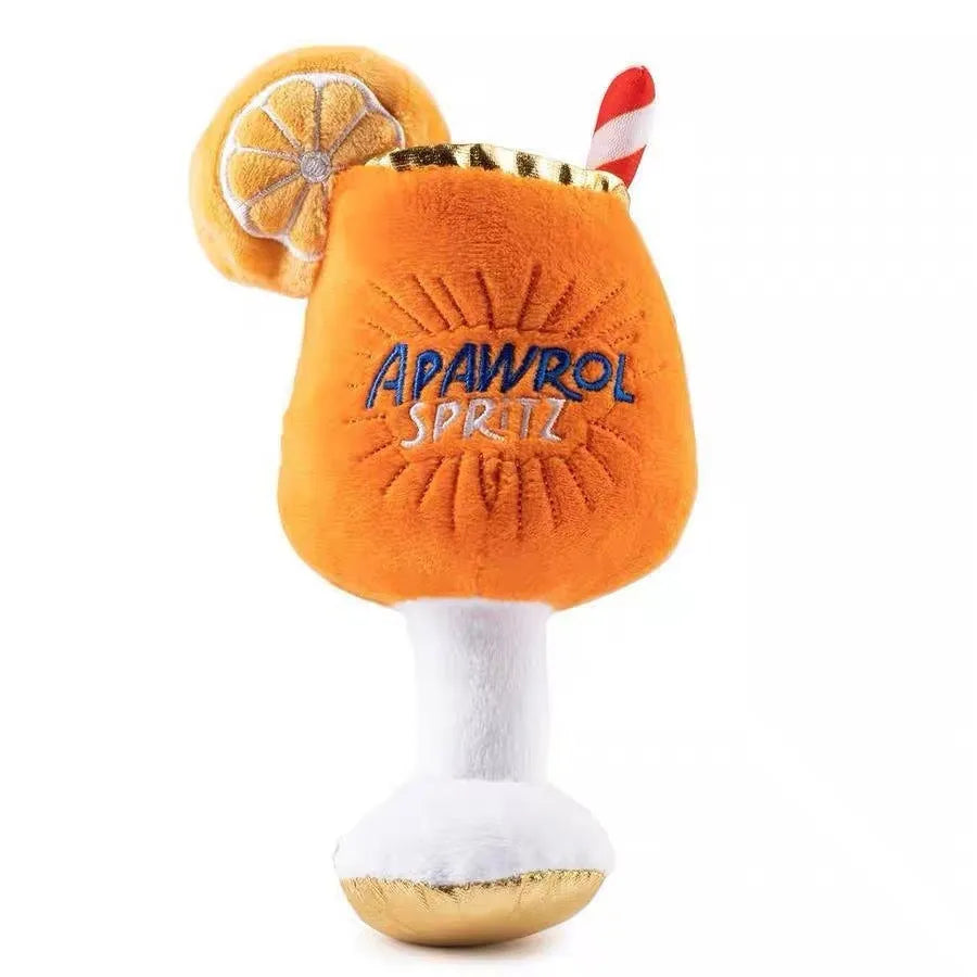 Yellow wine glass shaped plush dog toy with squeaker and teeth cleaning features