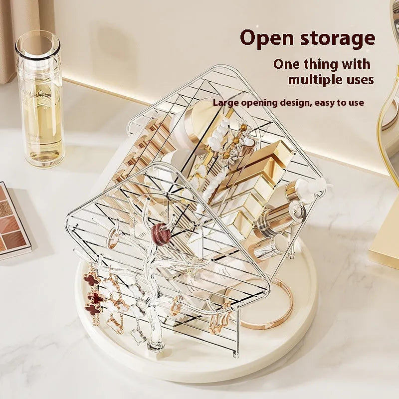 Rotating cosmetics storage box in amber gold colour showing 360-degree rotation mechanism