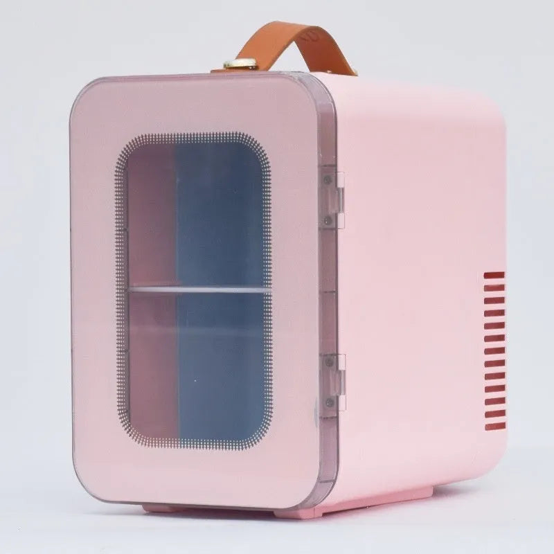 Pink mini refrigerator with transparent door showing dual hot and cold functionality for car and home use
