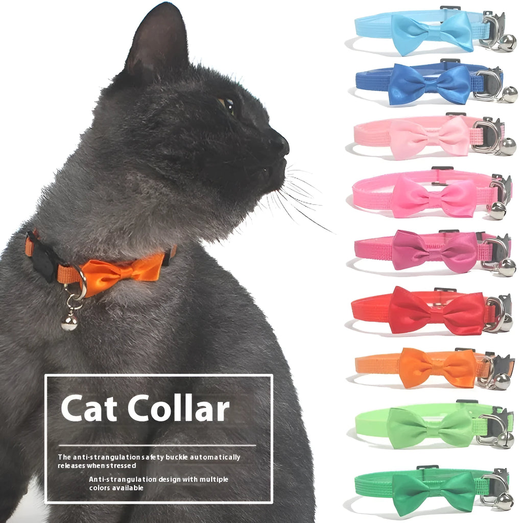 Striped nylon cat collar with bow decoration and bell in multiple colour options