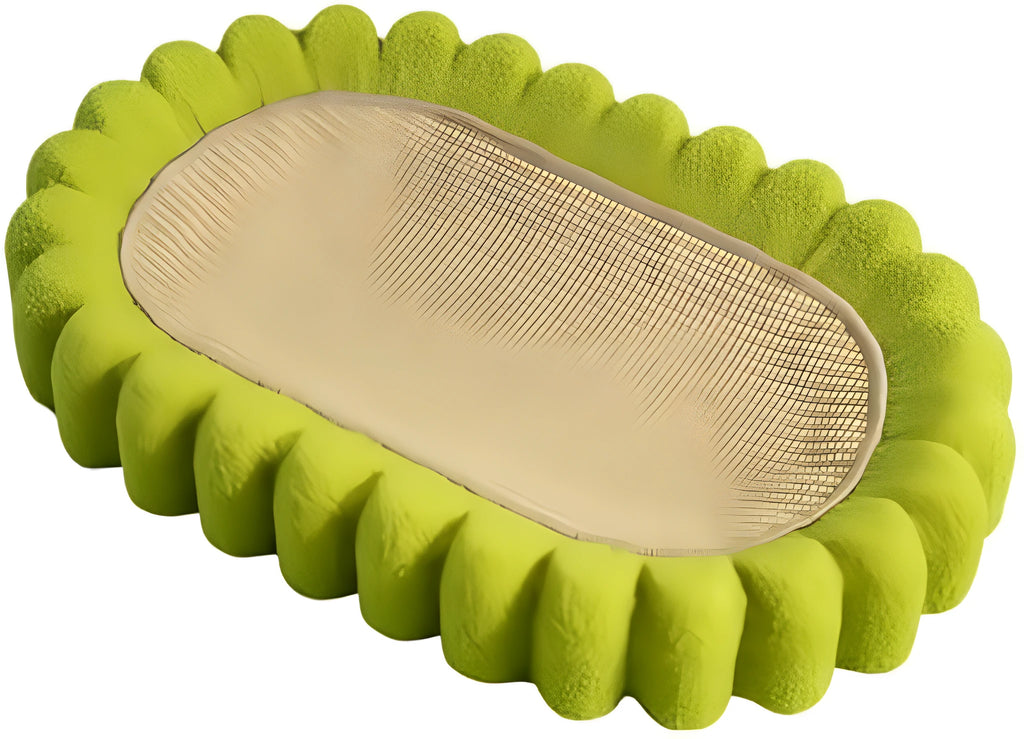 Green oval sisal cat scratch pad showing scratching surface and bowl-shaped lounging area