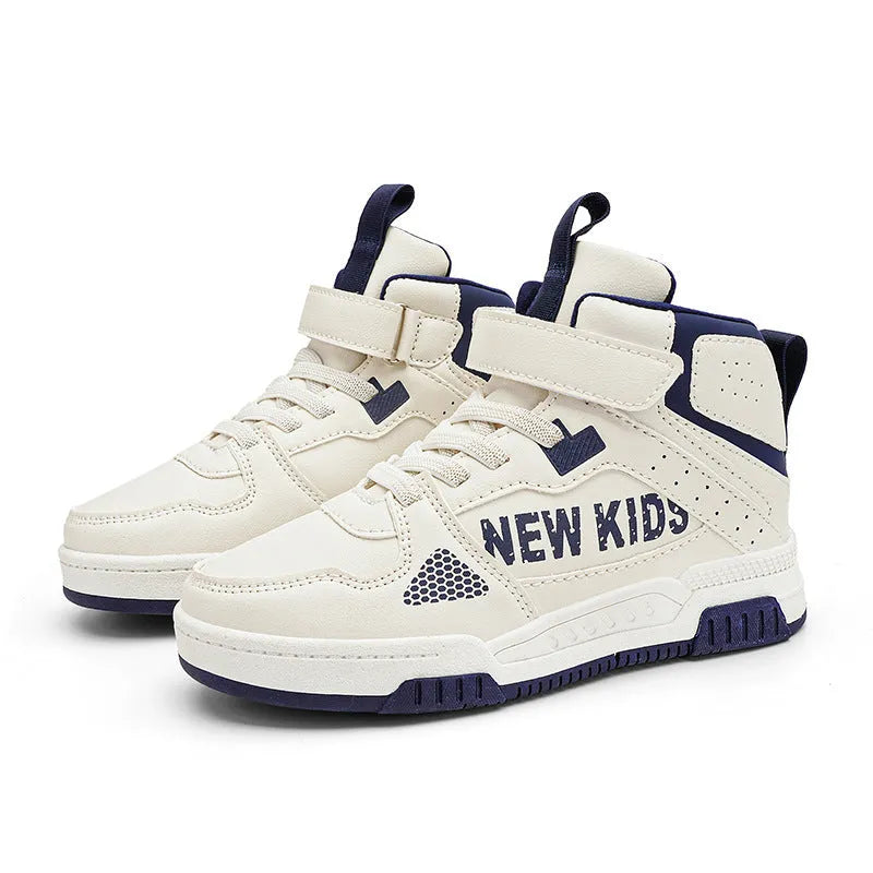 Children's beige green outdoor sneakers with a buckle closure and rubber sole.