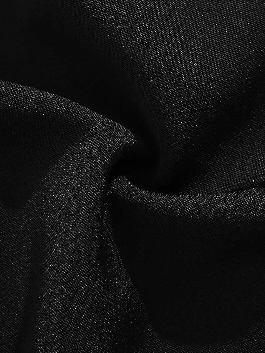 Men's black loose semi-elastic straight-leg shorts with mid waist and zipper fly