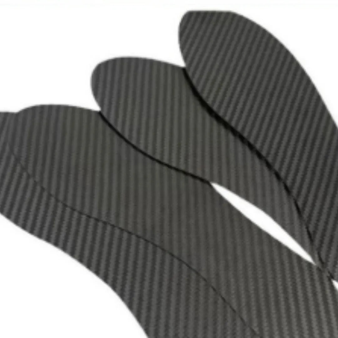 Black carbon fiber running shoe insoles showing full palm design and textured surface