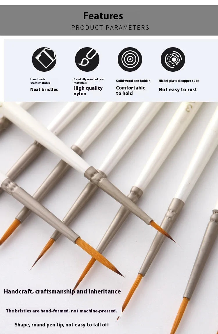 12 pearl white handled artist brushes with nylon wool bristles, stored upright in a solid wood pen holder.