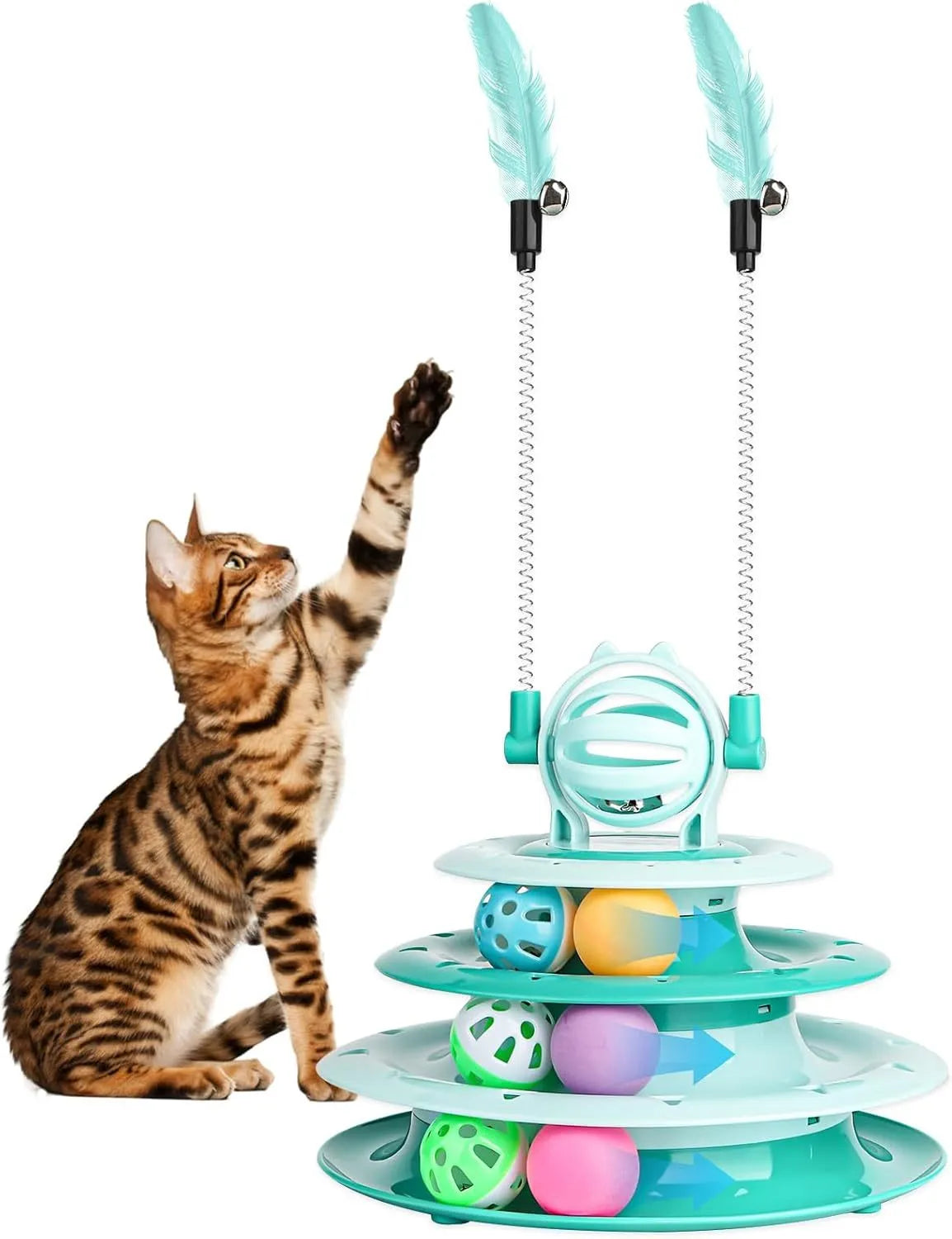 Blue 4-tier interactive cat puzzle toy carousel with six coloured balls and two teasing rods.