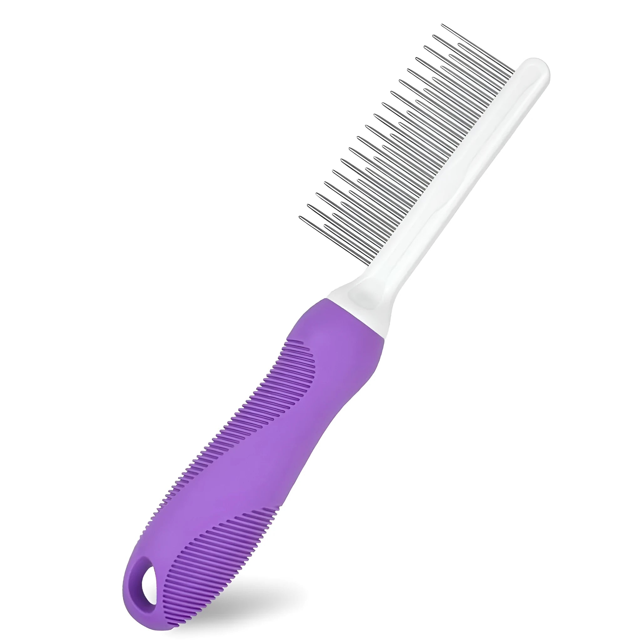 Purple pet grooming comb with stainless steel long and short teeth on an ergonomic handle.