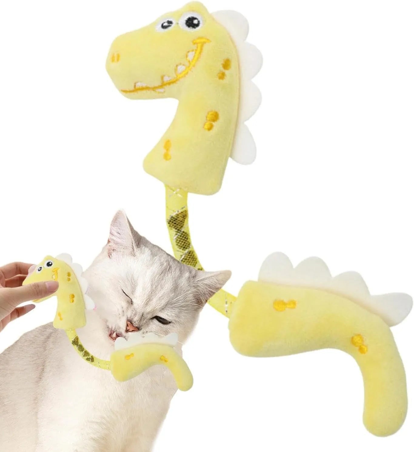 Set of four cat toys including plush chew toys, catnip rope, springs, and kicker toy on floor