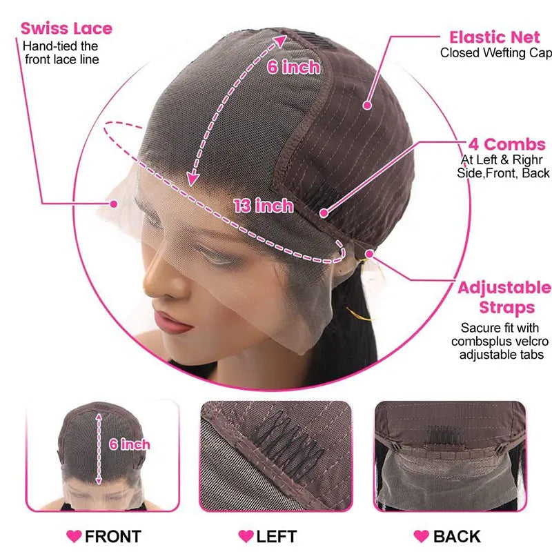 A straight black human hair wig with a 13x6 lace front, shown in a long length option.
