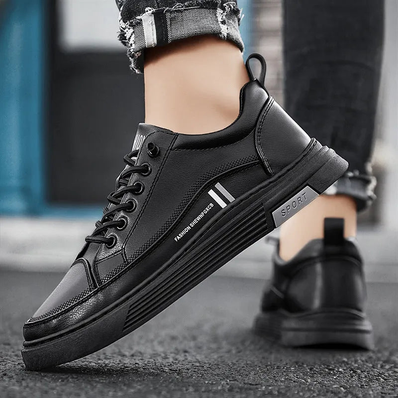 Men's low-top white skateboard shoes with elastic band closure and microfiber upper.