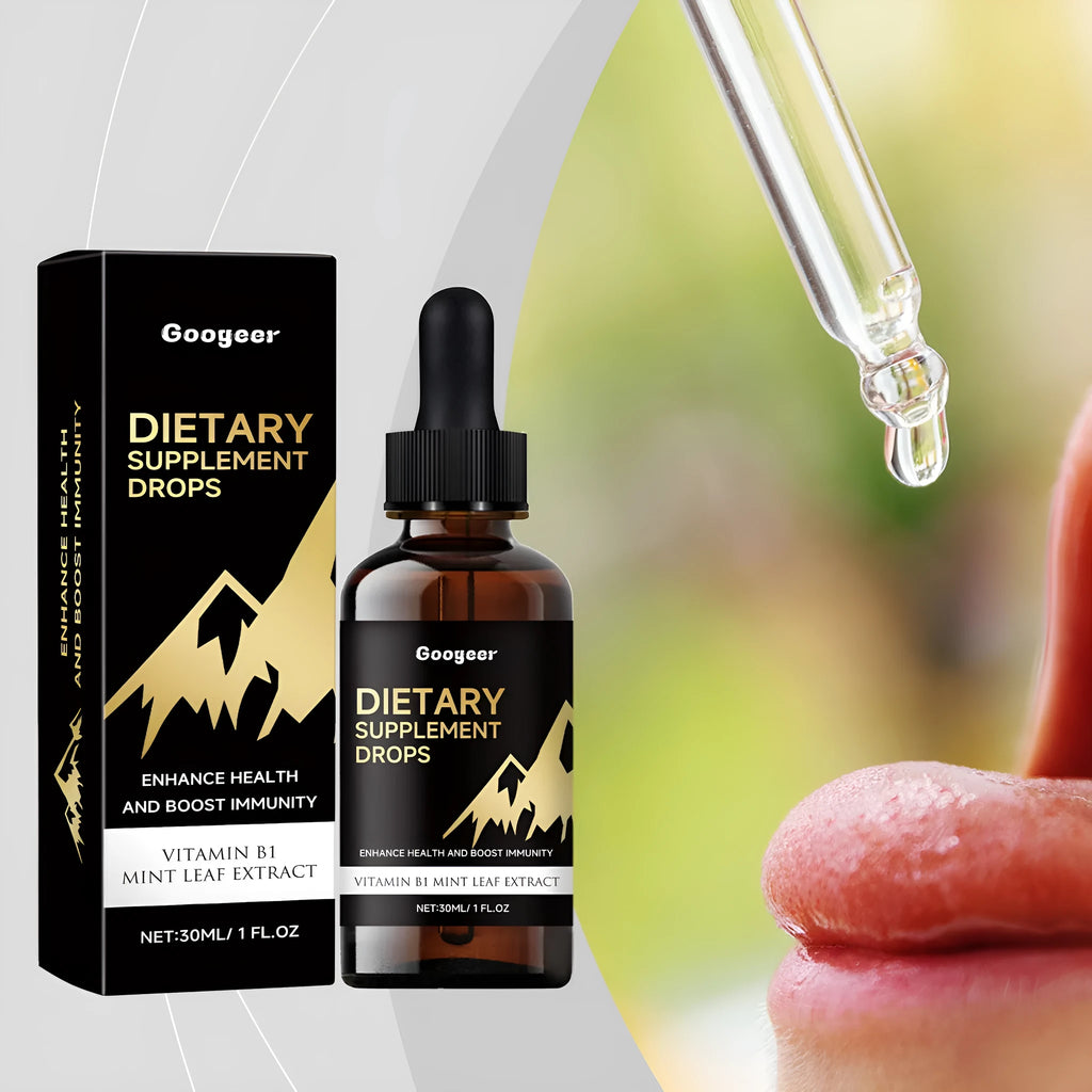 30ml clear bottle of liquid dietary supplement drops with a black dropper cap.