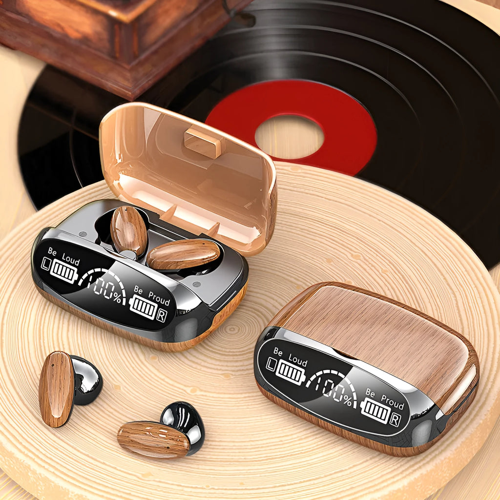 M35 wood grain finish TWS Bluetooth headphones with charging case