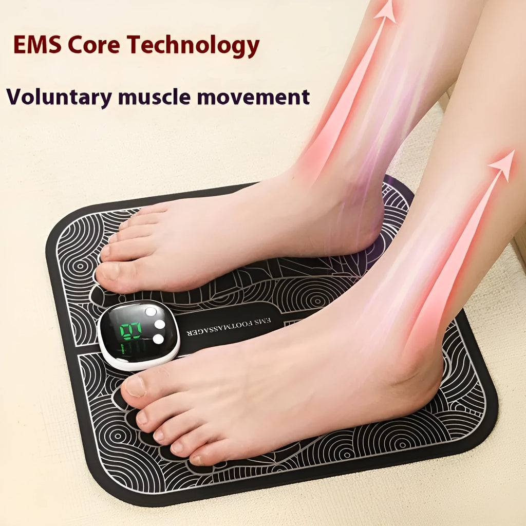 Blue rechargeable foot massager mat with remote control on a wooden floor.