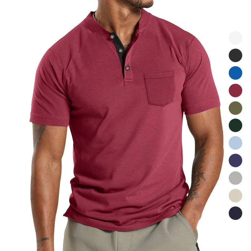 Men's solid colour short sleeve polyester shirt with a button pocket, shown in Army Green.