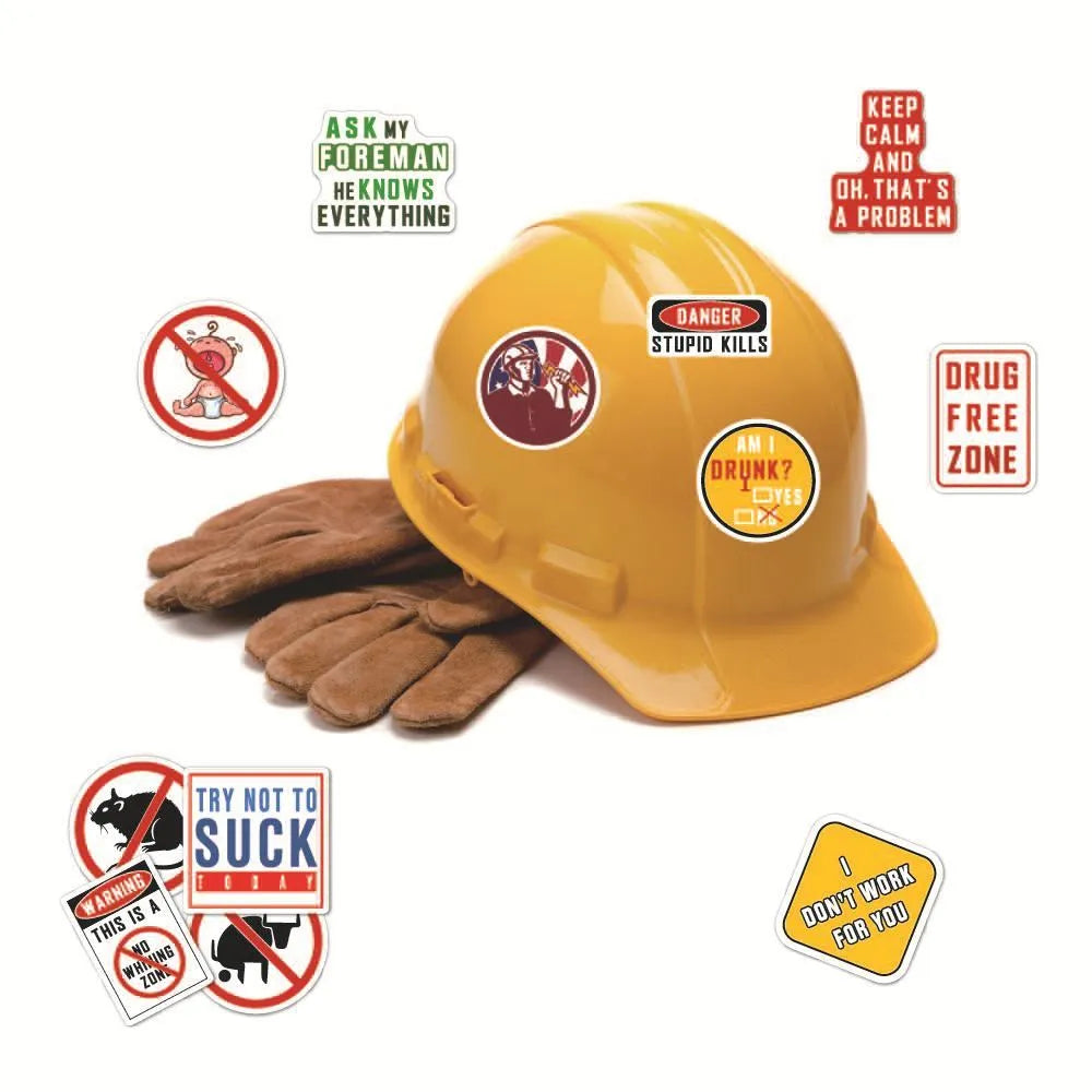 Pack of 50 personalised waterproof warning stickers with graffiti-style slogans on PVC adhesive.