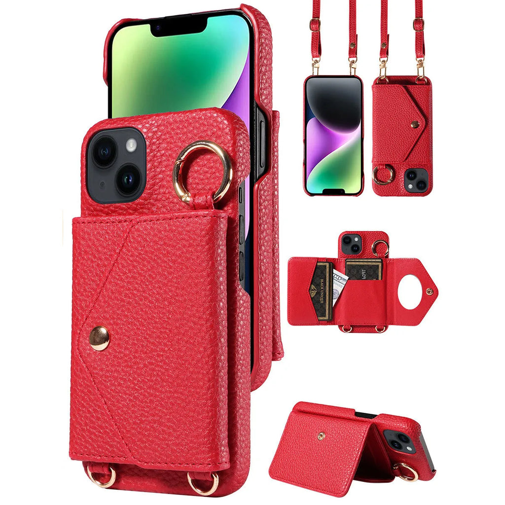 Anti-degaussing wallet phone case for Apple iPhone with bracket and crossbody bag in black imitation leather
