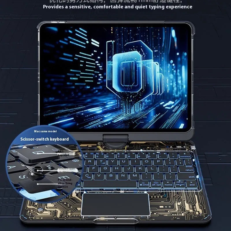 Transparent rotating keyboard protective case for Apple iPad Air tablet showing detachable wireless keyboard.