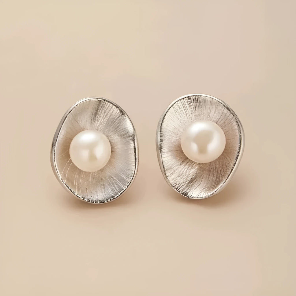 Sterling silver geometric earrings with pearl accents and gold electroplated finish