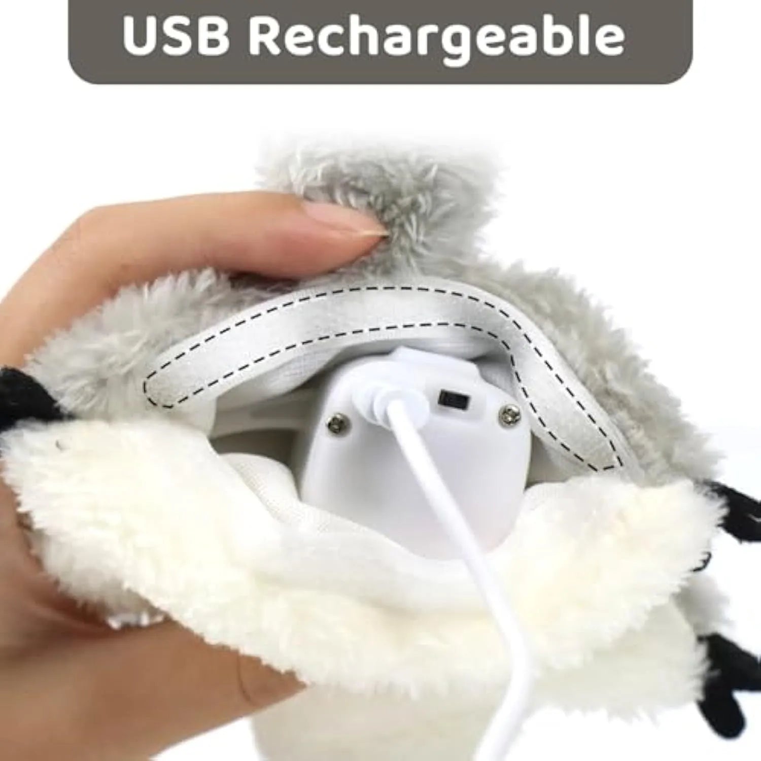 Grey flapping squirrel cat toy with USB charging cable on a plain background.