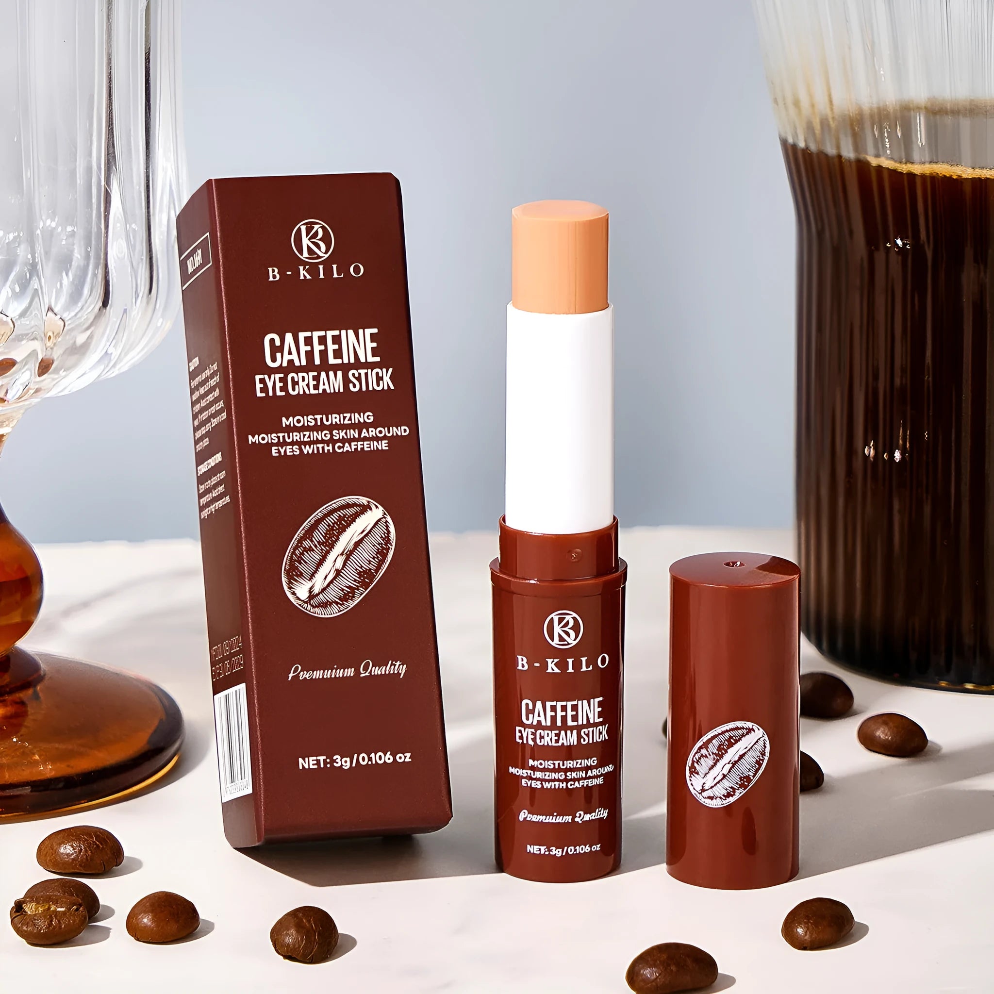 Caffeine eye cream stick in roll-on applicator for dark circles and fine lines.