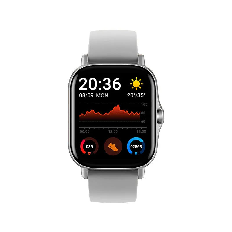 GT20 smart watch with black alloy case and silicone band showing heart rate reading on screen