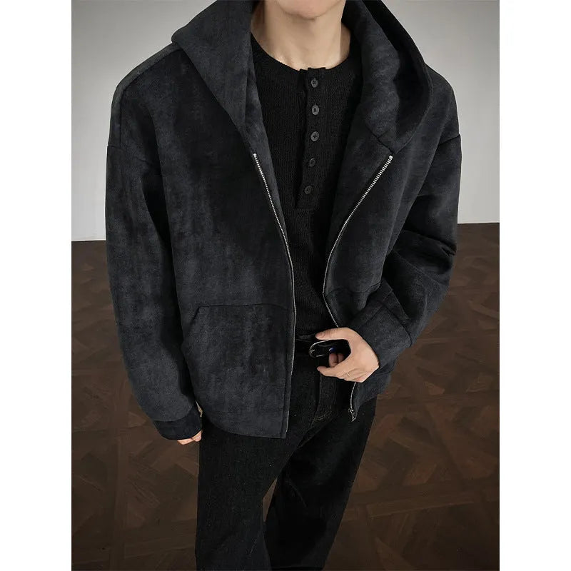 Men's plus size loose fit hooded tie-dyed cardigan coat in black, side pockets