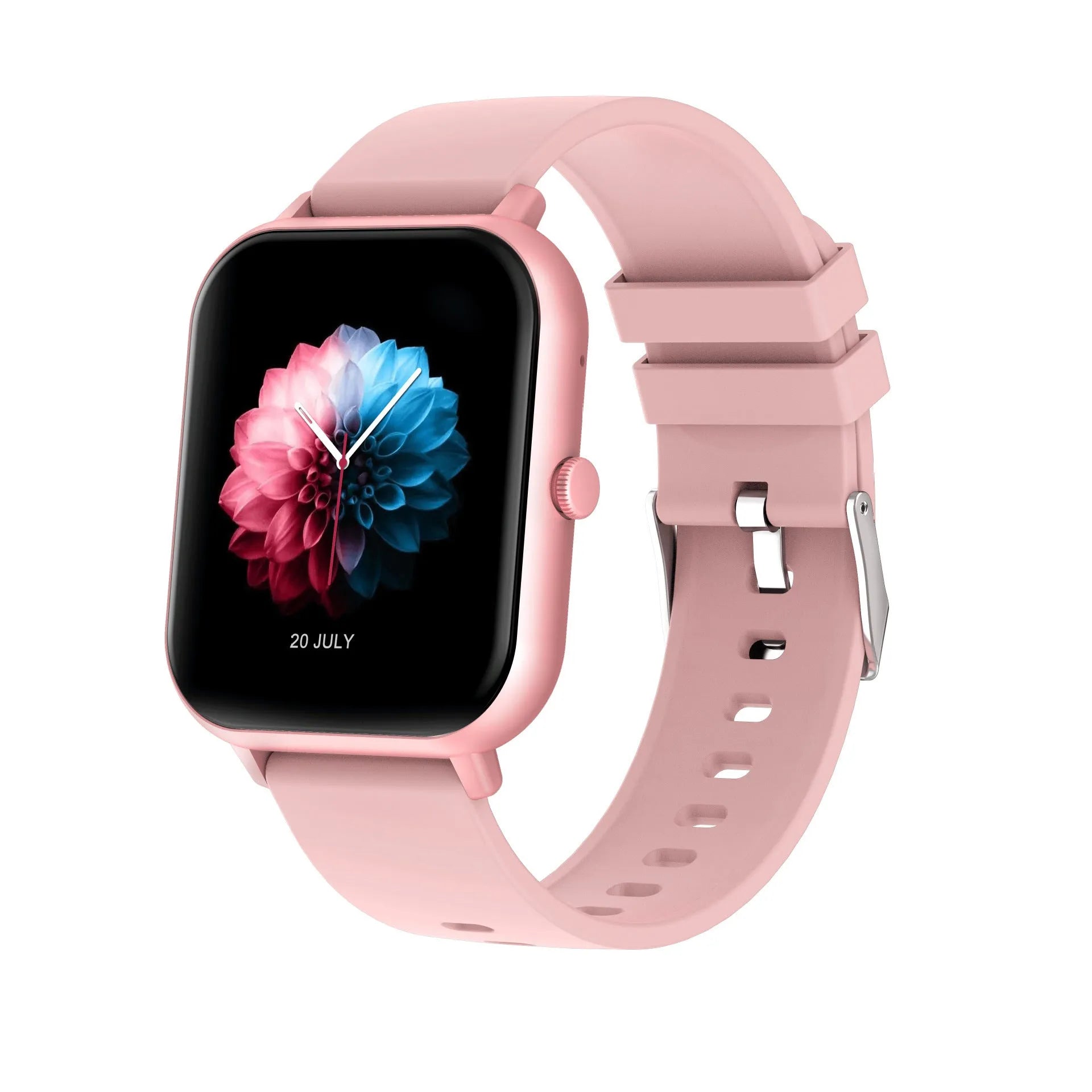 Bluetooth smart watch with AI voice control and heart rate monitor in black, silver grey, pink, or khaki colour.