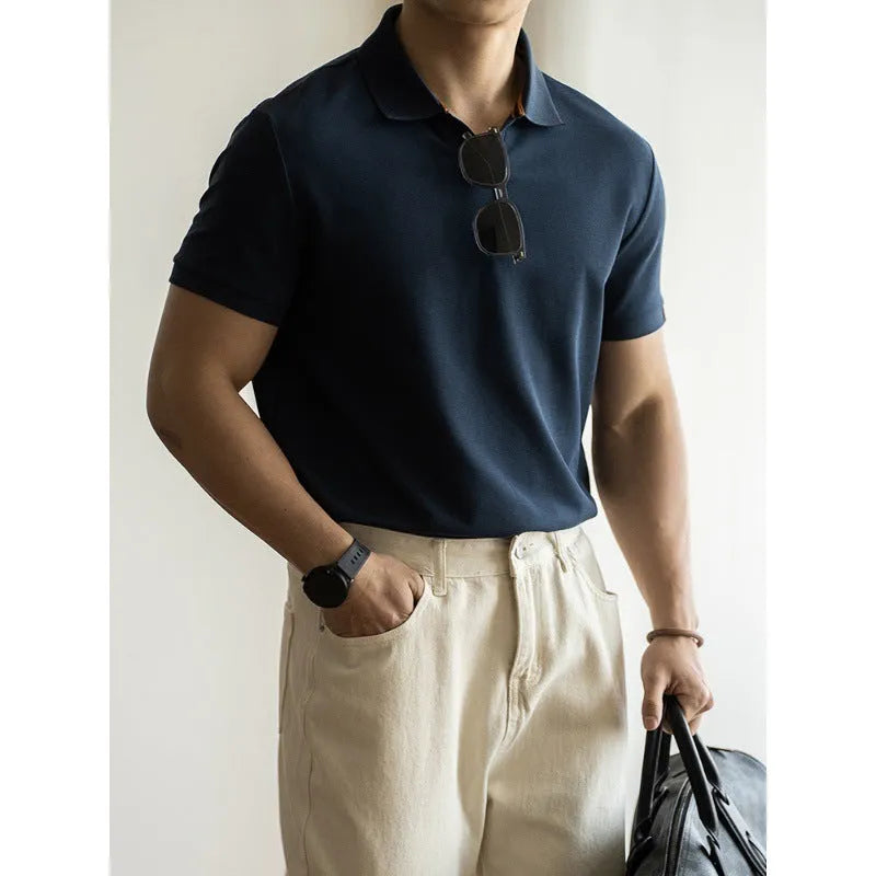 American-style short-sleeved polo shirt in blue black and white cotton blend fabric