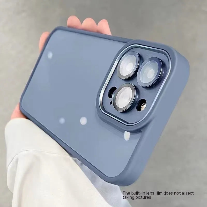 Transparent acrylic phone case with lens protector for iPhone, showing drop-resistant design and multiple colour options including navy blue and starlight white.