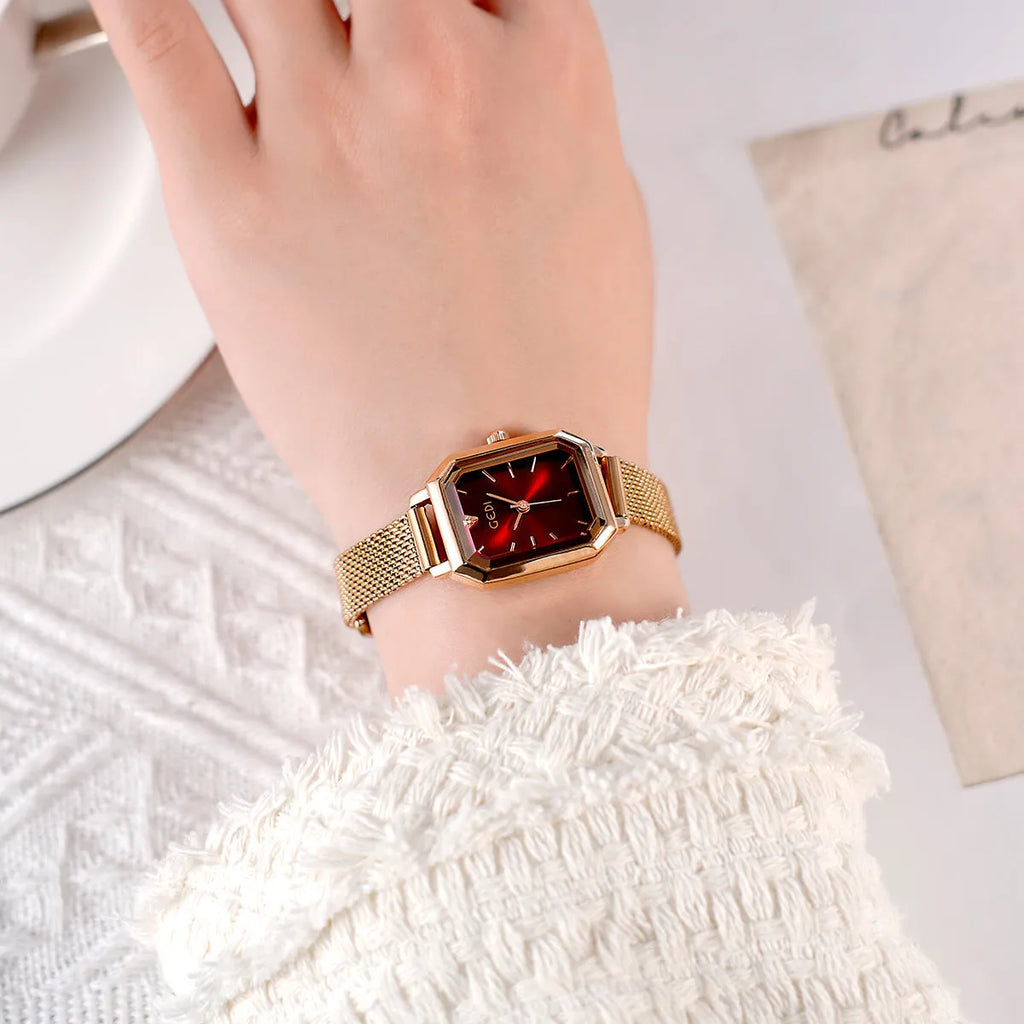 Women's square retro casual watch with rose shell case in multiple colour combinations