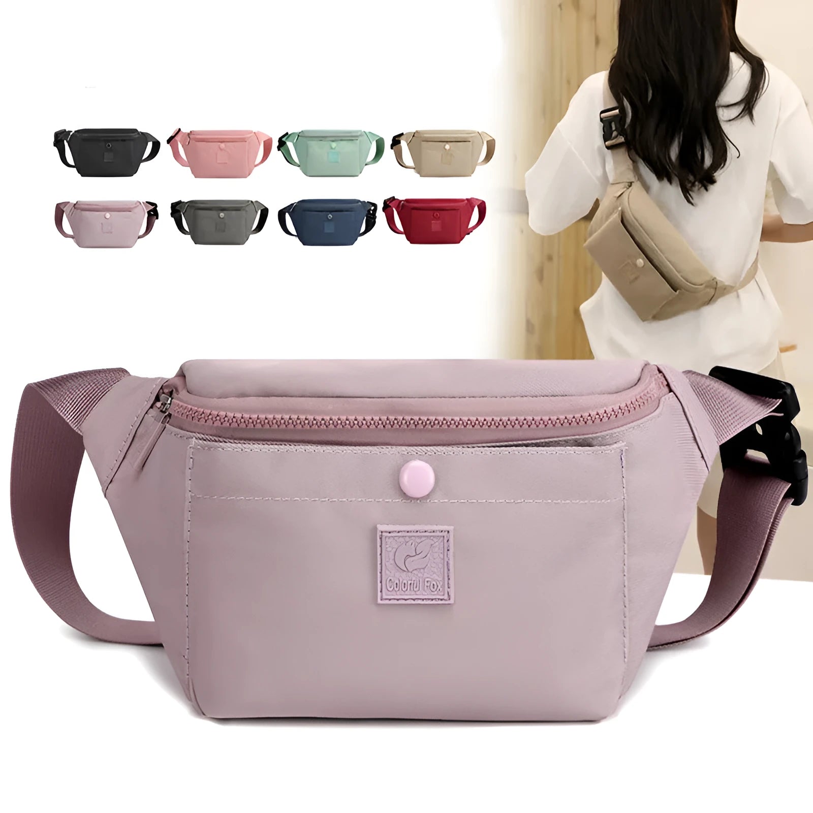 Large capacity crossbody nylon fanny pack for women in eight colours with zipper closure and internal pockets for running and travel