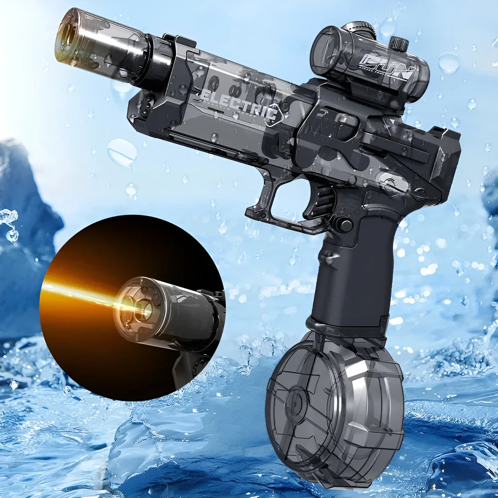 Fire Rat electric water pistol with LED lights in blue, showing automatic water spray feature.