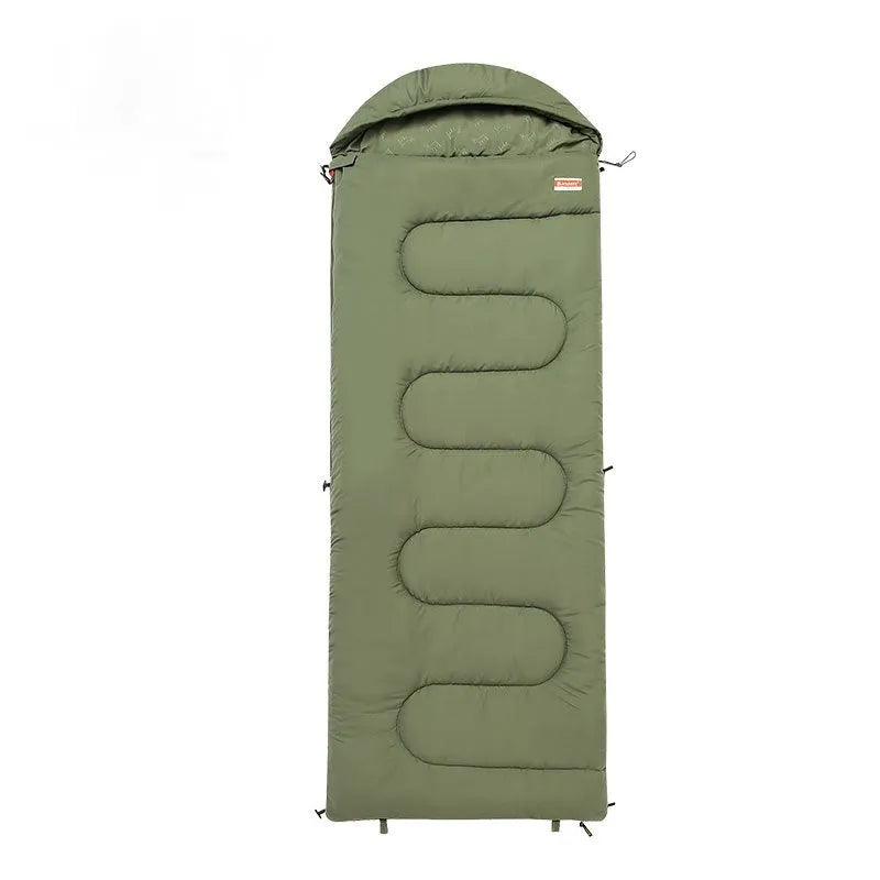 Cotton camping sleeping bag in ochre and olive green colours for outdoor bedding