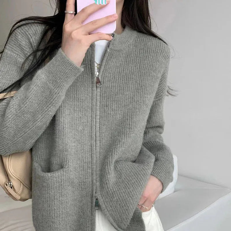 Soft wind glutinous sweater coat cardigan in viscose fabric available in beige, grey, black, and khaki colours