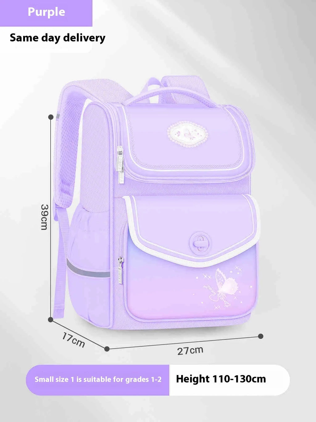 Girls' waterproof school backpack in pink, purple, or green with large capacity for primary school years 1 to 6