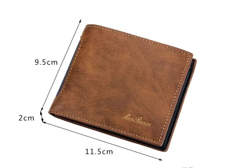 New men's PU leather tri-fold wallet in horizontal square shape with splicing detail, shown in black