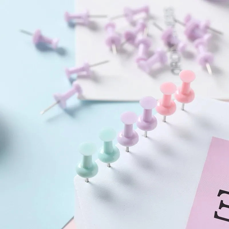 Box of plastic push pins in large and small sizes showing cherry blossom pink, mint green, and lavender colours.