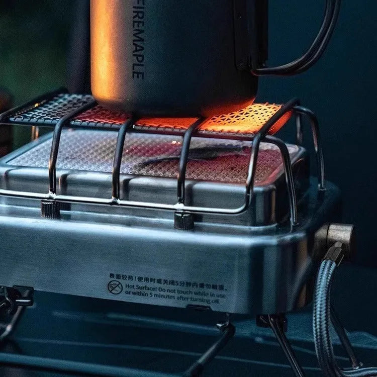 1800W outdoor heating stove with voltage regulator in metal primary colour, shown both expanded and collapsed for storage