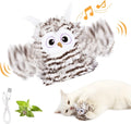 Grey automatic chirping owl cat toy with flapping wings on a plain background