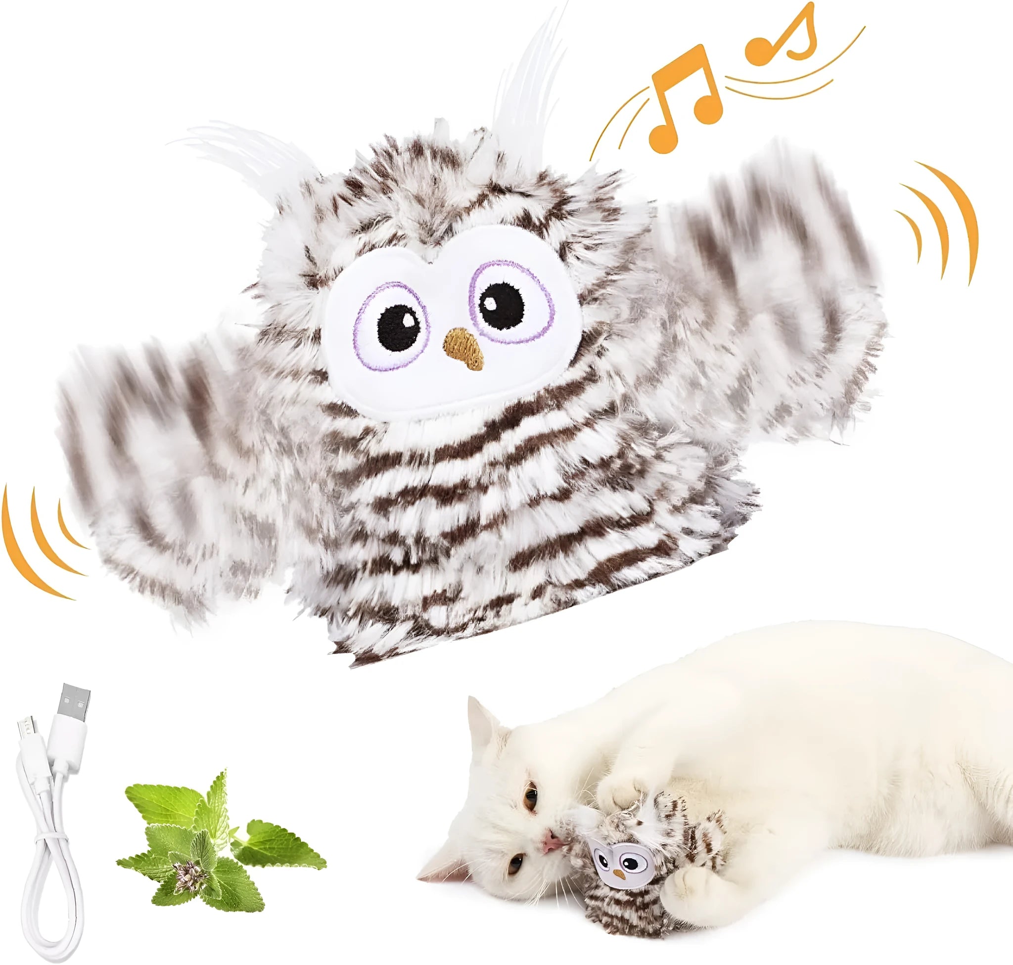 Grey automatic chirping owl cat toy with flapping wings on a plain background