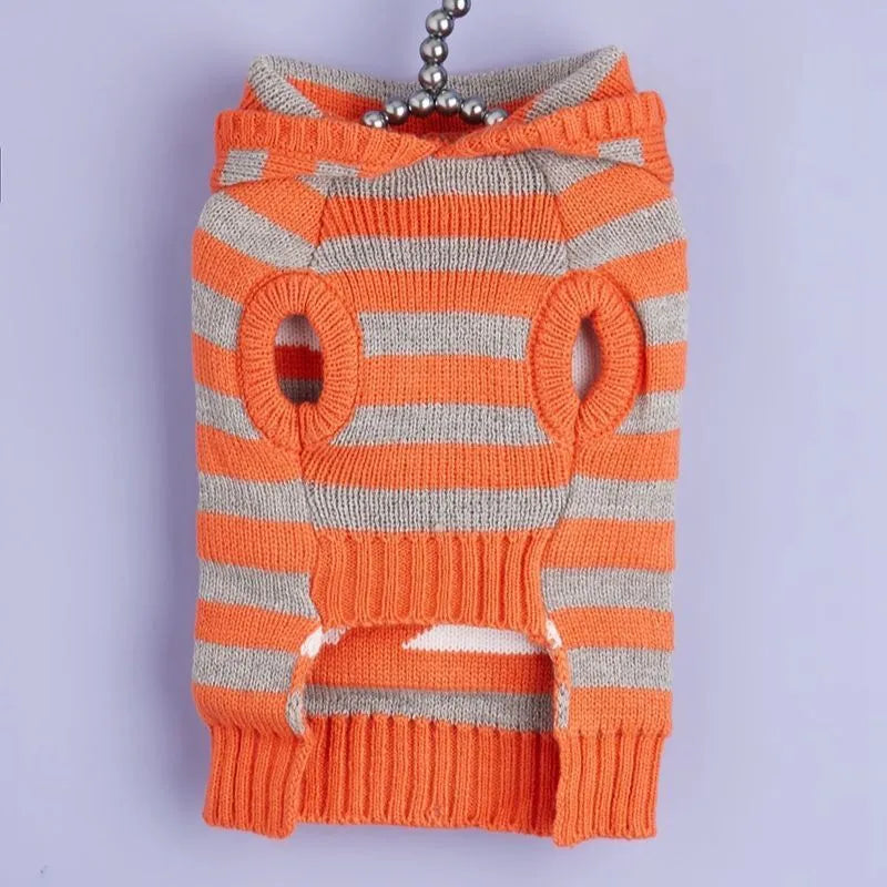 Orange striped hooded pet sweater with fur ball decoration for Halloween costumes