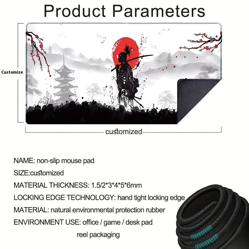 Japanese samurai design cloth mouse pad with non-slip rubber base in various sizes