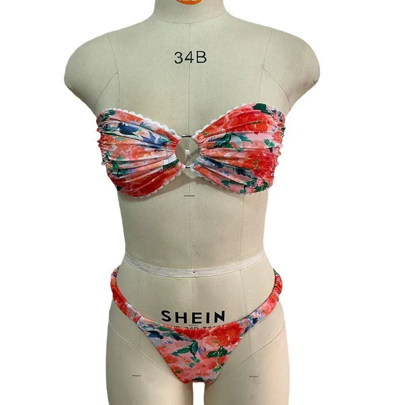 European style floral printed swimwear bikini set with tube top and briefs in blue colour option