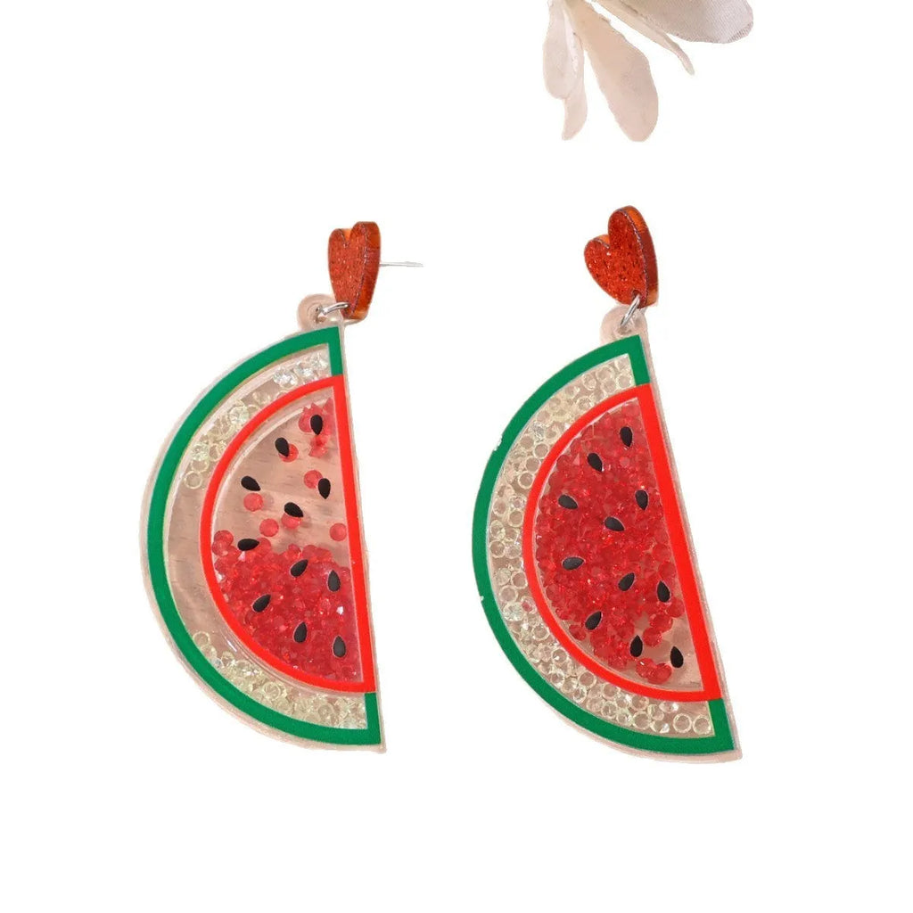 Acrylic fruit earrings for women showing cherry, strawberry, watermelon, pineapple designs